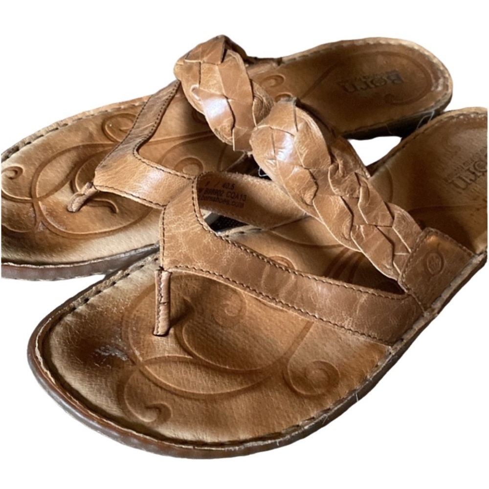 Born Tan Braided Leather Sandals. Size 9 (40.5). Flip flops/thongs.